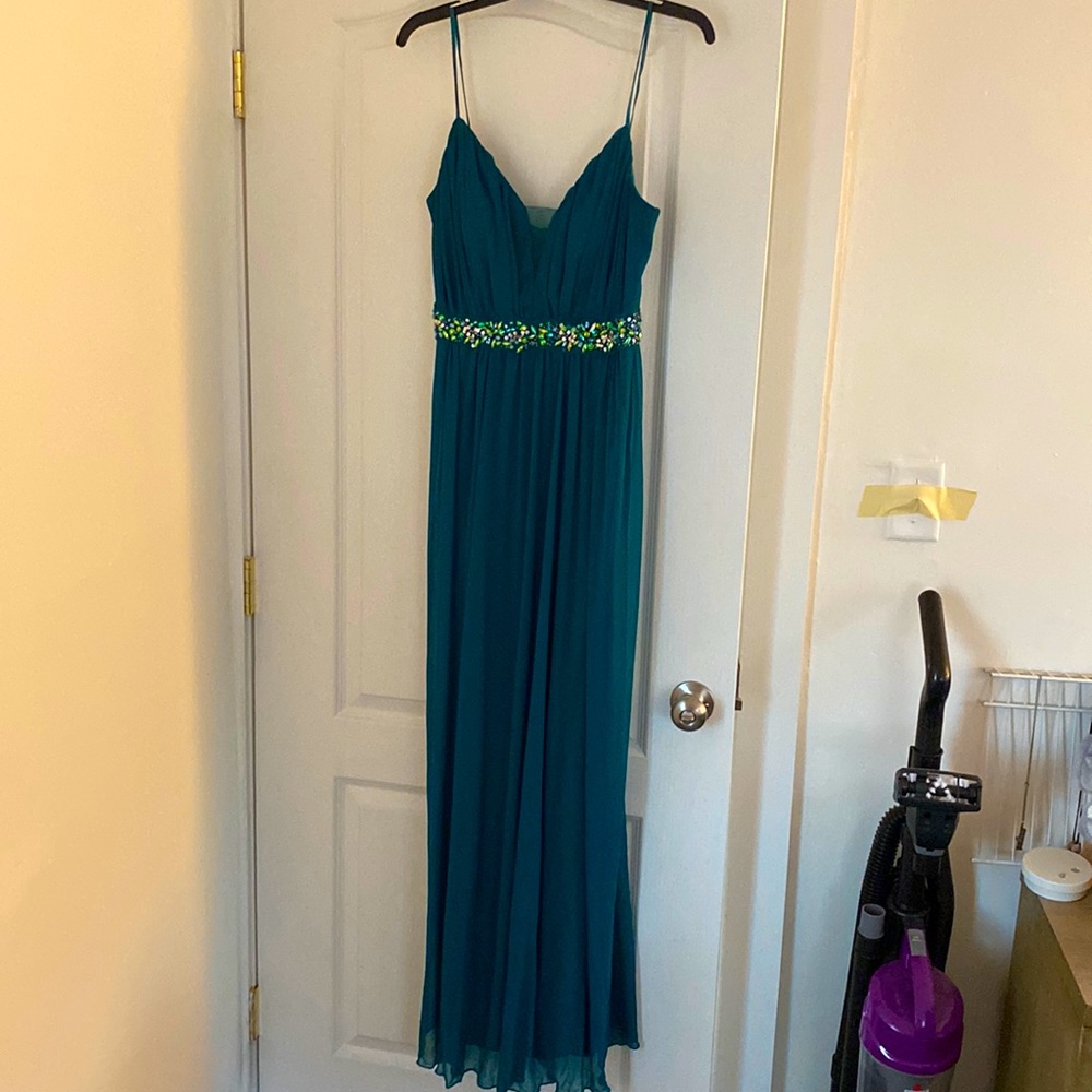 Size 15/16 Floor Length Spaghetti Strap Shoulder-less Teal Green Gown Dress